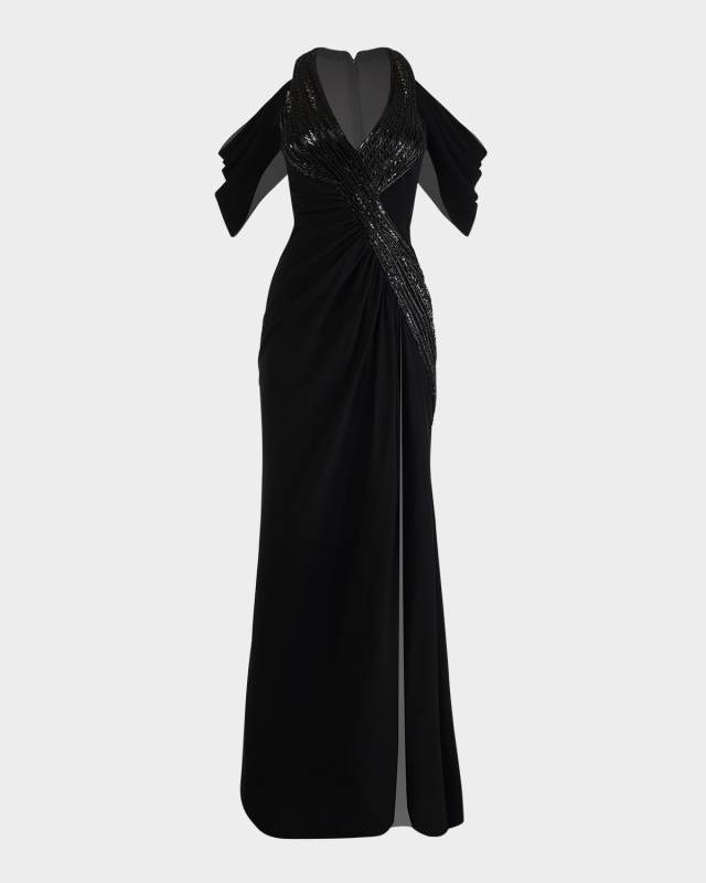 Noir Draped Cold-Shoulder Gown